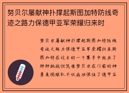 努贝尔屡献神扑撑起斯图加特防线奇迹之路力保德甲亚军荣耀归来时