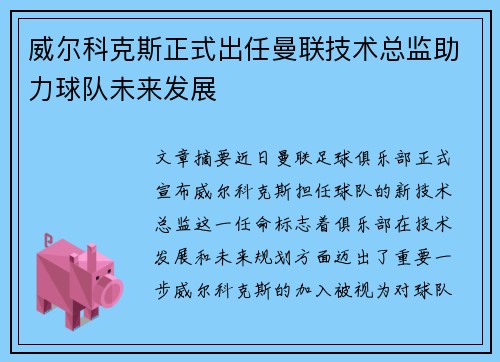 威尔科克斯正式出任曼联技术总监助力球队未来发展